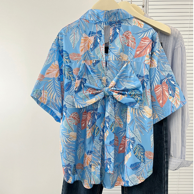 knowyou เสื้อเชิ้ตผูกโบหลังลายดอก งานฟรีไซส์รอบอก 32-50 นิ้วใส่ได้ พร้อมส่งจากกรุงเทพ กดสั่งได้เลยจ้า