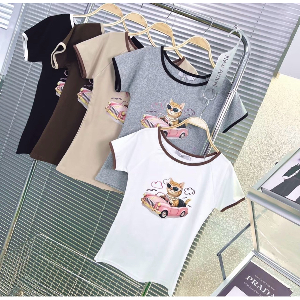 194-195 เสื้อยืดคอปากแต่งกุ้นคอพิมพ์ลายDFT ผ้าคอตตอนซุปเปอร์ซอ