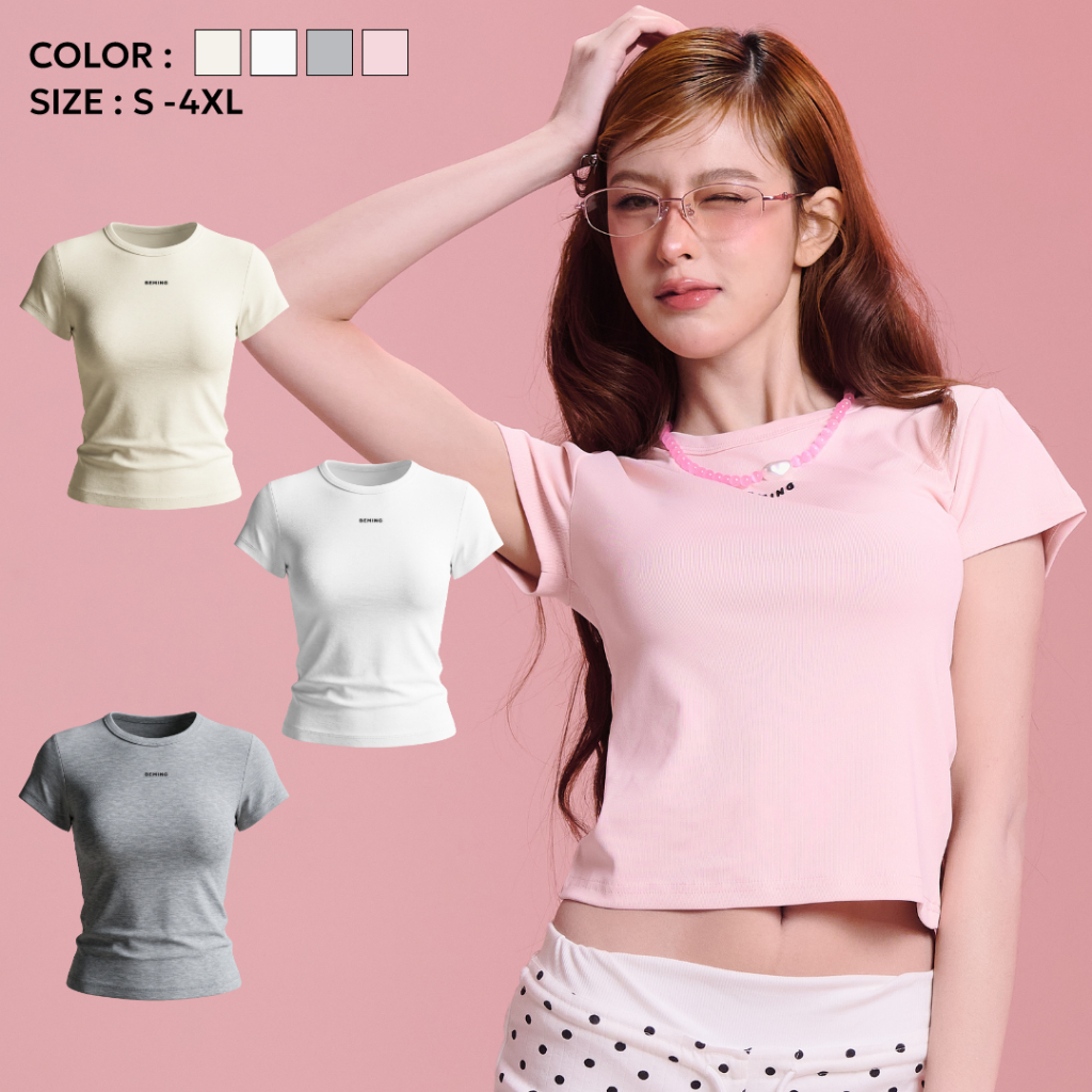 Bemingtop1154(S-4XL) - Suri BabyTee  - เสื้อเบบี้ทีทรงเข้ารูปดีเทลโลโก้ BEMING ปักนูน