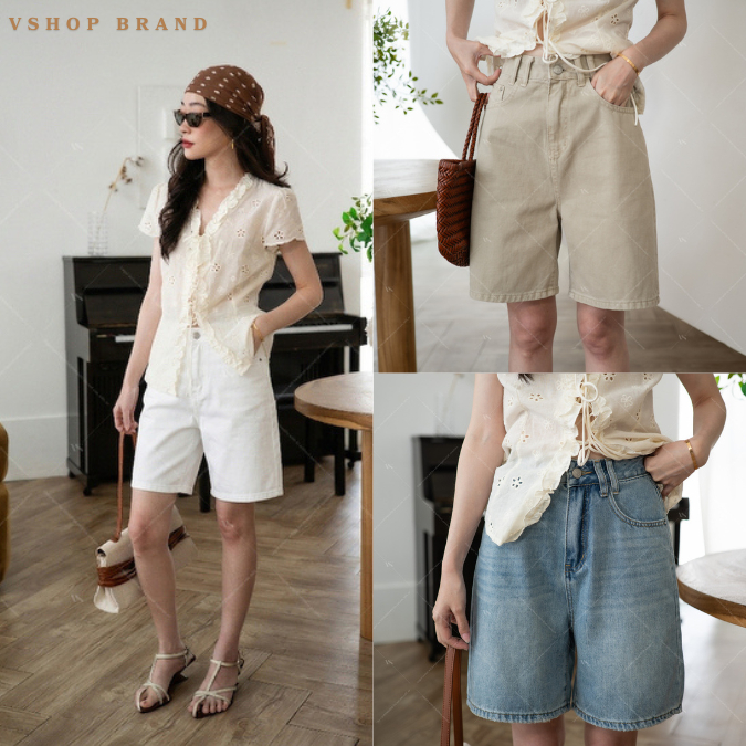 พร้อมส่ง กางเกงยีนส์ขาสั้นผ้าพื้น งานป้ายvshopbrand