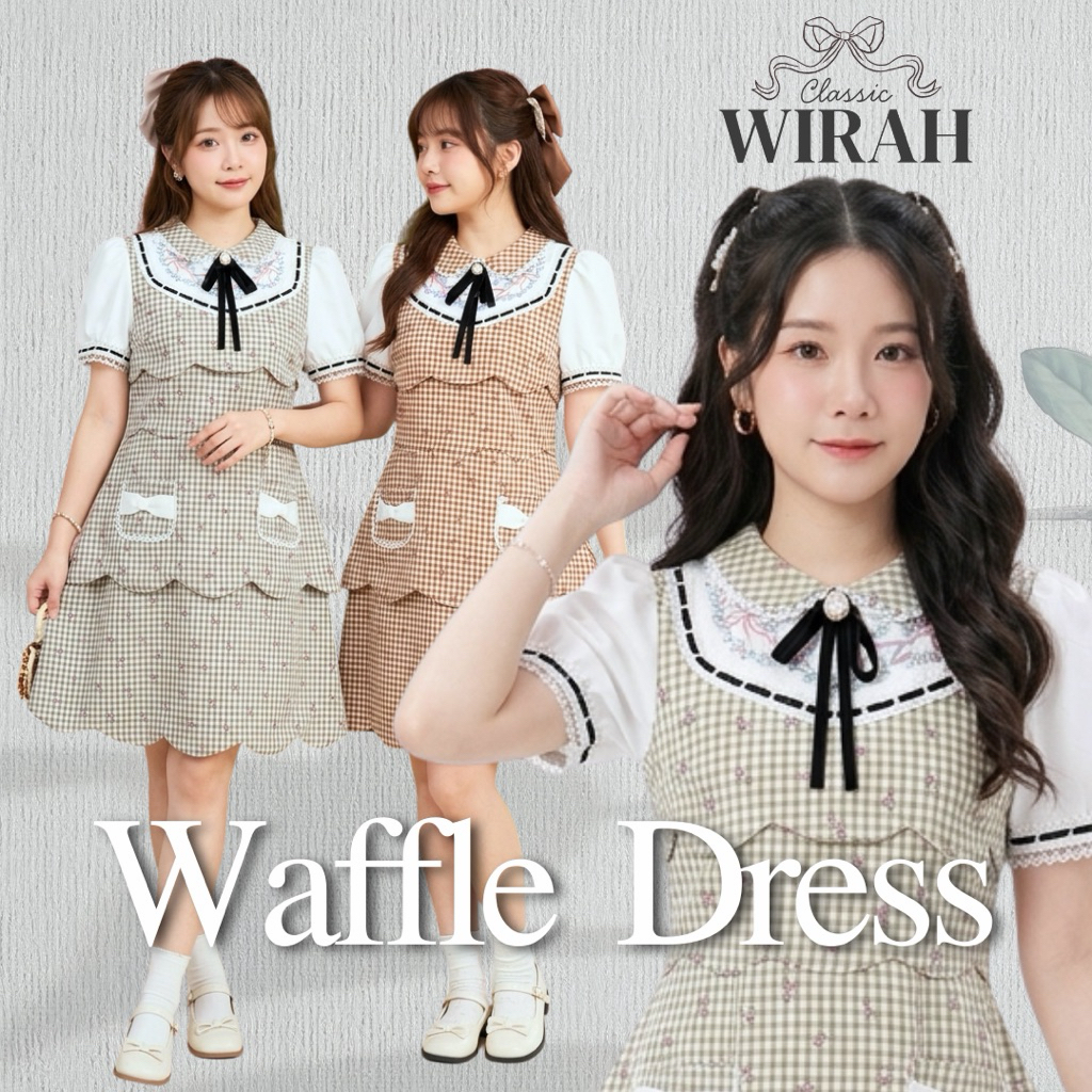 DW156 Waffle Dressชุดเดรสสั้น ผ้าทอกิงแฮม (Gingham): ลายตารางเล็กๆ เนื้อไม่หนามากใส่สบาย ปกบัวแต่งลูกไม้รอบปก						 ตัดต – โปรปัง
