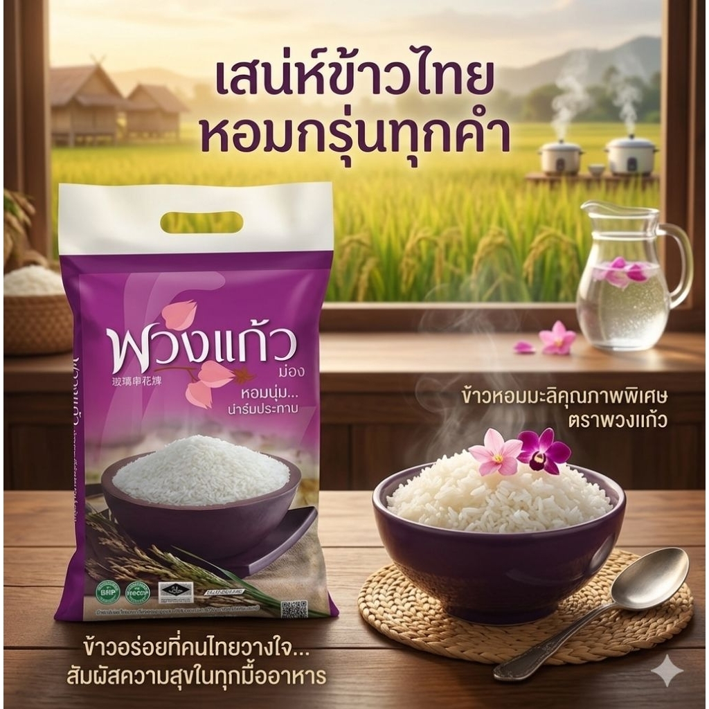 พวงแก้วม่วง ข้าวสาร ข้าวหอมมะลิ 100% ขนาด 5 kg  หุงขึ้นหม้อ หอม นุ่ม อร่อย