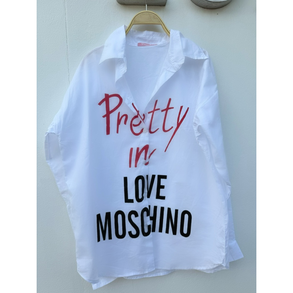 เชิ้ตผ้าคอตตอนพิมพ์ลายmoschino อก42-44ยาว29 340บาท พร้อมส่งในไทย