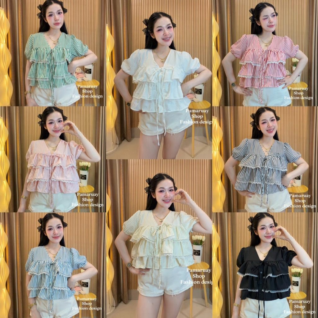 เสื้อครอป แขนตุ๊กตา “แต่งระบาย” 🌼 ผูกโบว์หน้า >>เนื้อผ้า บับเบิ้ล