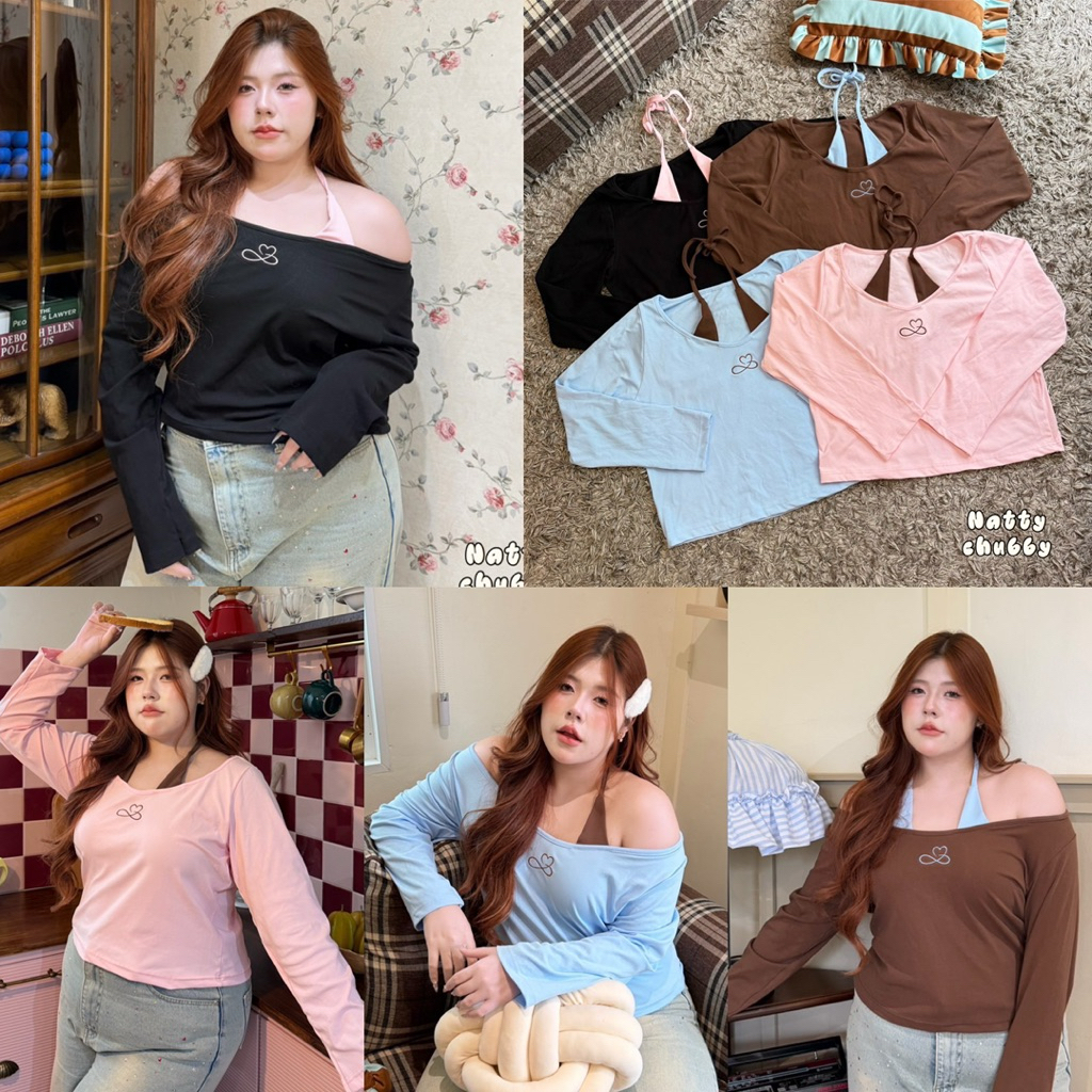 /NT/ เสื้อแขนยาวแต่งคล้องคอ ไซส์อก38-52 ดีเทลปักอก ผ้ายูนิโคล่ยืดใส่สบาย พรางหุ่น ใส่เปิดหรือปิดไหล่ได้