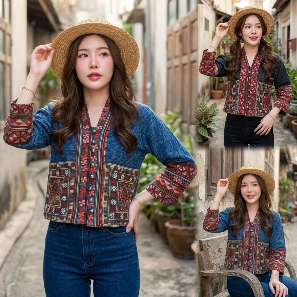 เสื้อพื้นเมืองผู้หญิง ผ้าฝ้ายสโตนวอชแต่งแถบทอพื้นเมือง“กระเป๋าหน้าใช้งานได้จริง”