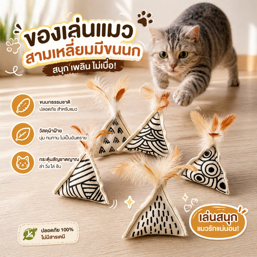 Harmcat ผ้าใบแคทนิป ของเล่นแมว ผ้าใบทรงสามเหลี่ยม มีขนไก่ เเละกระดิ่งในตัว ของเล่นสัตว์เลี้ยง ช่วยให้เเมวผ่อนคลาย