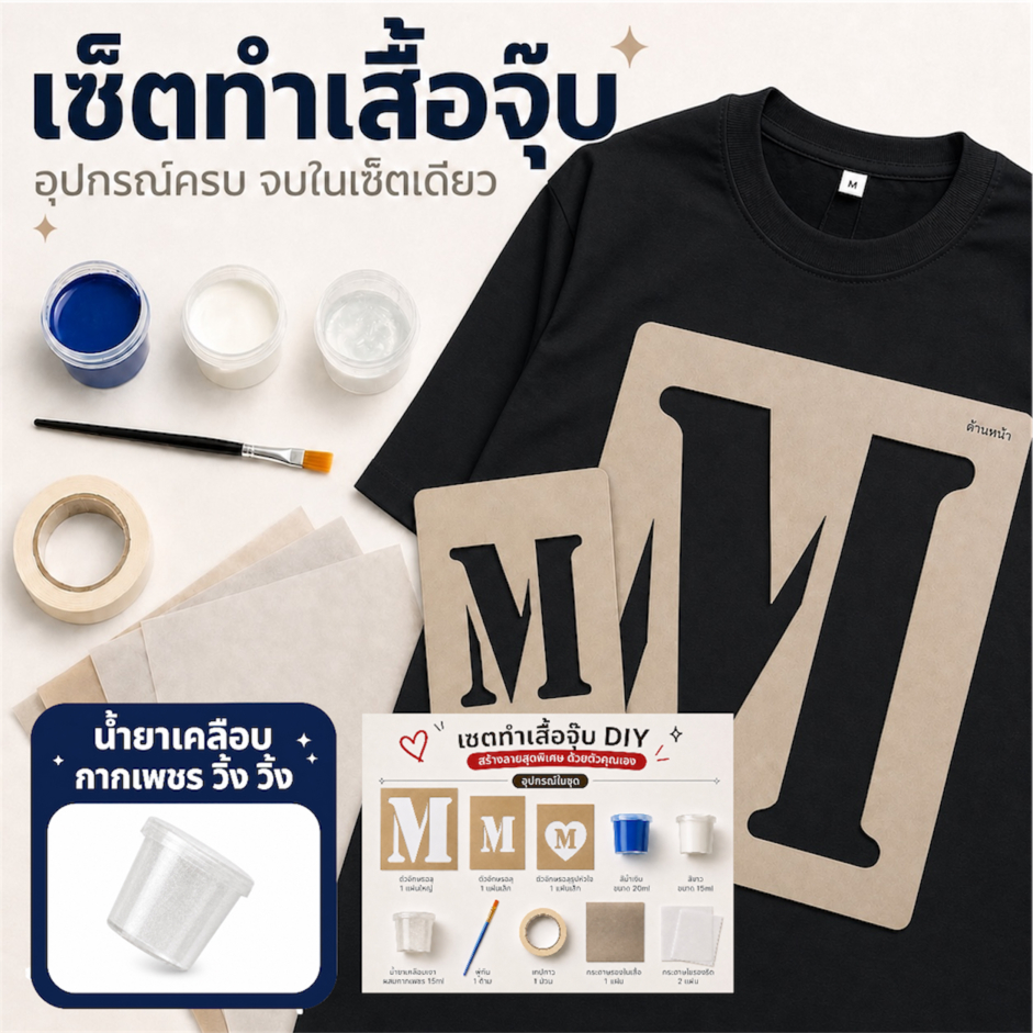 [kiss t-shirt] เซ็ตทำเสื้อจุ๊บ เสื้อดำ สีน้ำเงิน เซ็ตเพ้นท์เสื้อDIY ชุดอุปกรณ์ทำเสื้อรอยจูบ