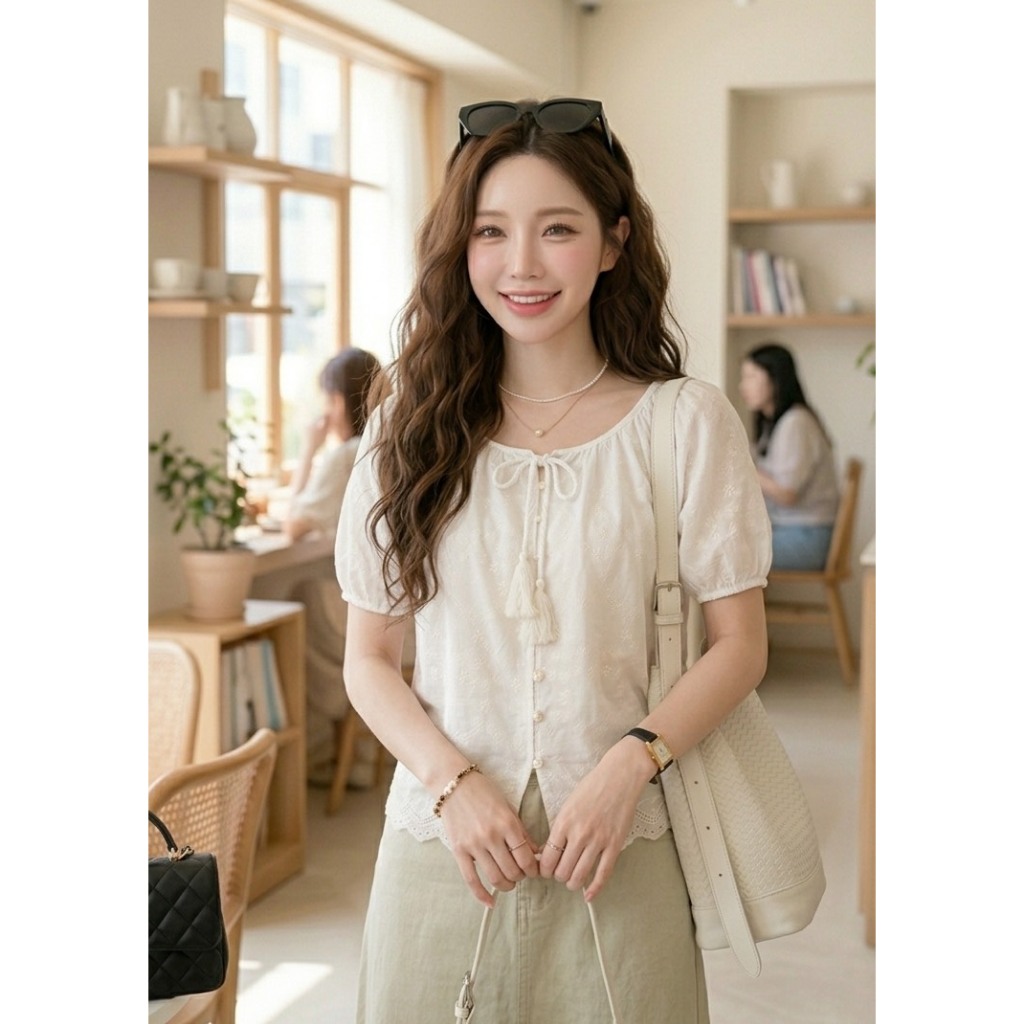 M2130 เสื้อปักลายฉลุแขนตุ๊กตา สไตล์วินเทจหวานละมุน