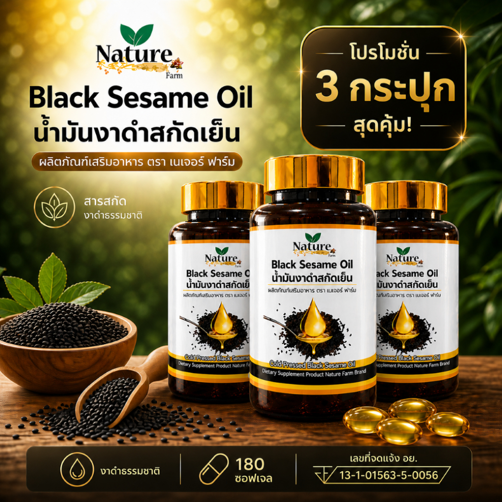 พร้อมส่ง เซต 3 กระปุก น้ำมันงาดำสกัดเย็น  (180 แคปซูล) ส่งฟรี ตะกร้าบริษัทโดยตรง