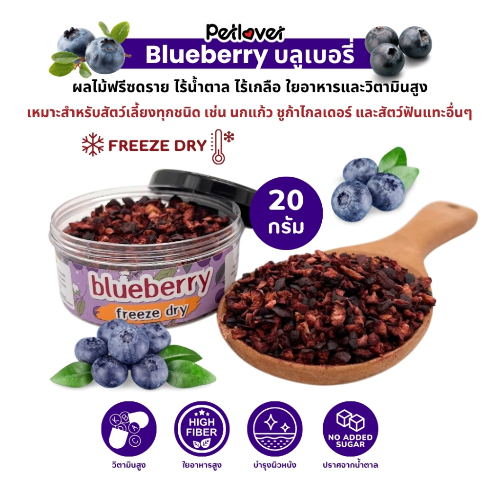 Blueberry บลูเบอร์รี ฟรีซดราย ไร้น้ำตาล ไร้เกลือ อาหารนกแก้ว และสัตว์ฟันแทะทุกชนิด (กระปุก 20G)