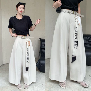 Reallyshops #9509(K) กางเกงขาวยาวทรงกระบอกใหญ่+เข็มขัดแต่ง เอวยางยืด ผู้หญิง พร้อมส่ง
