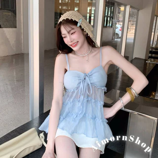🔥aimorn_shop🔥 เสื้อสายเดี่ยว แต่งชั้นงานระบายน่ารักๆ ผูกโบว์ด้านหน้าเซ็กซี่มาก งานสวย ผ้าบาง มีซับในช่วงอก