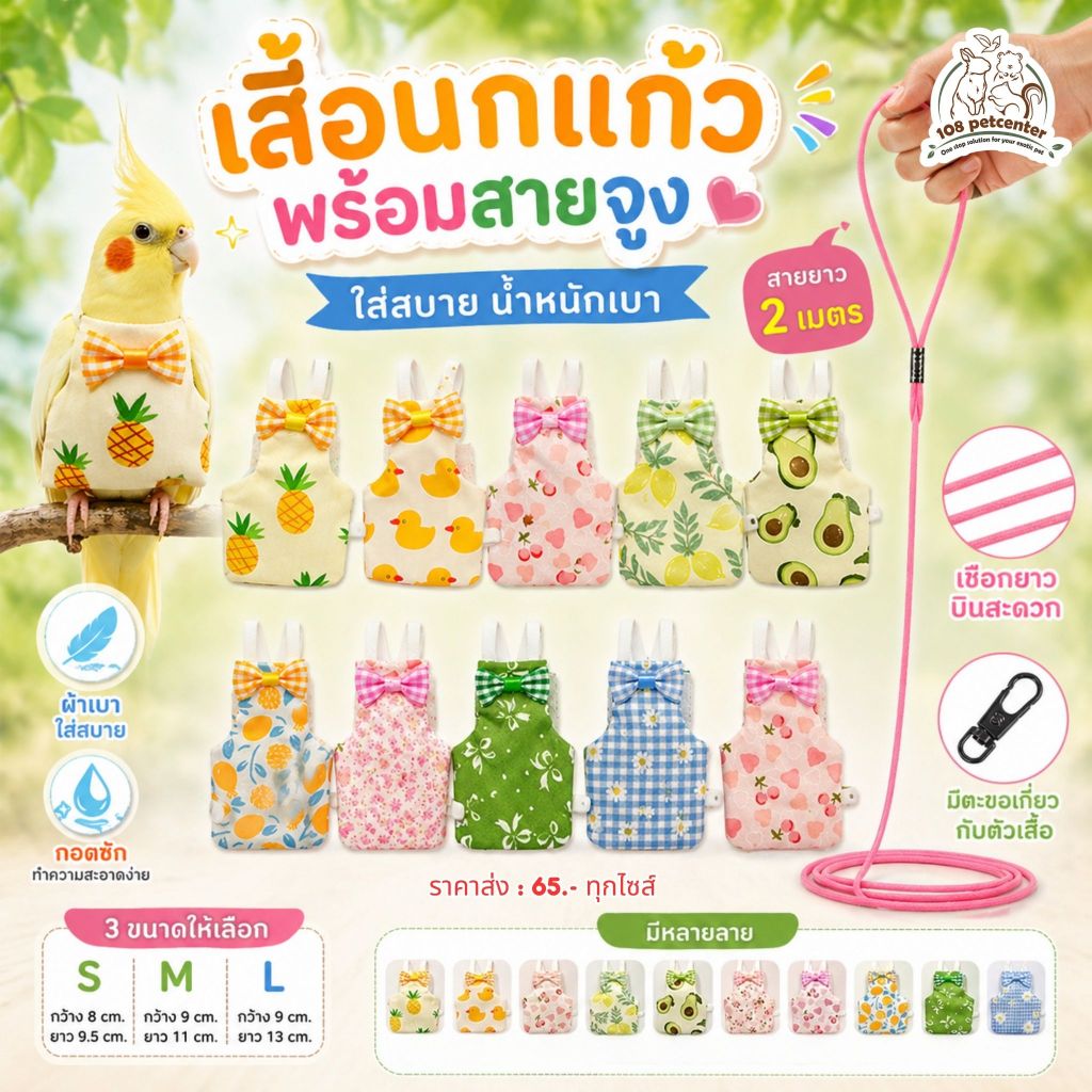 เสื้อสายจูงนกแก้ว ลายน่ารัก ใส่สบาย มีสายยาว 2 เมตร สำหรับนกเล็ก-กลาง