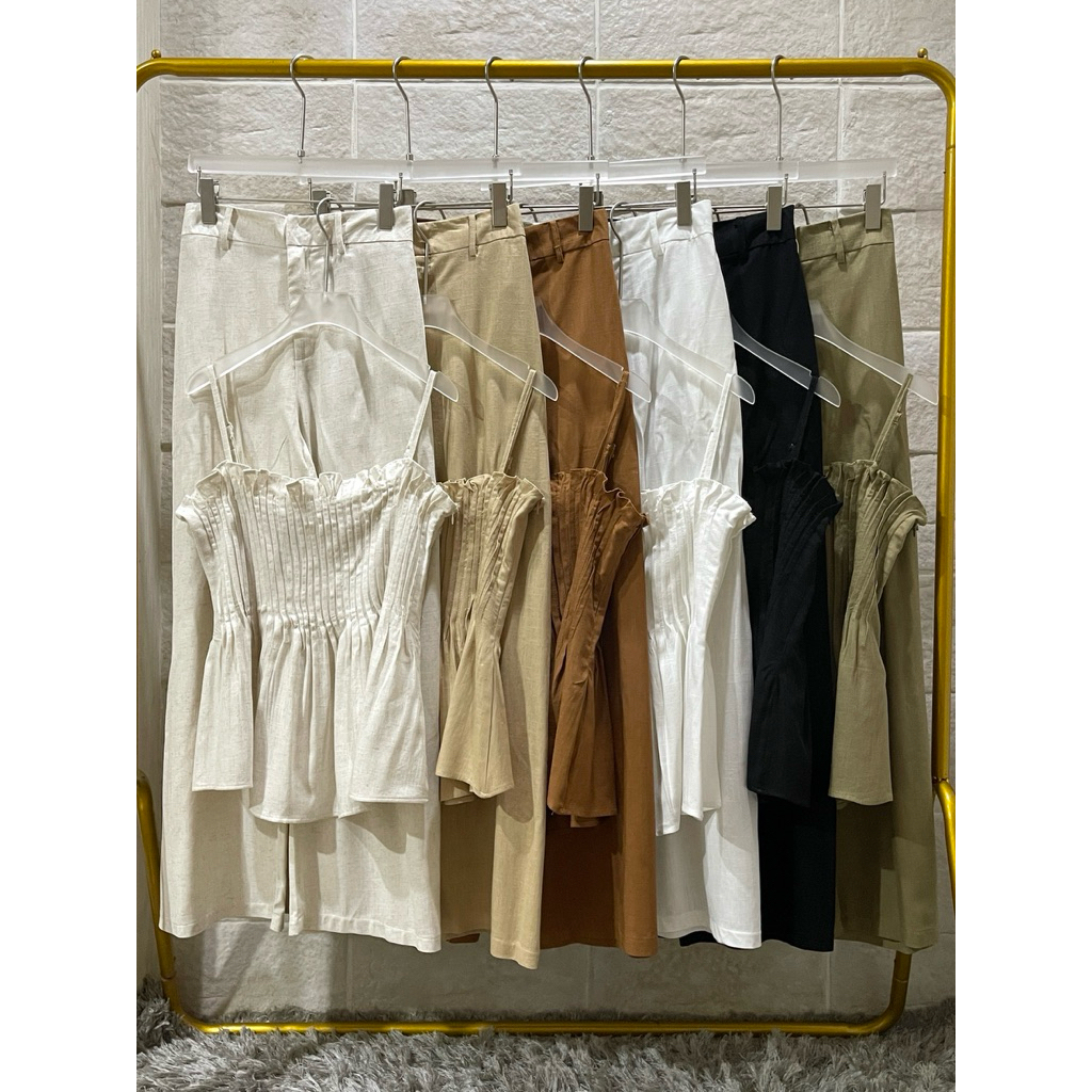 T59002เสื้อสายเดี่ยวจับจีบ/กางเกงขายาวผ้าลินิน