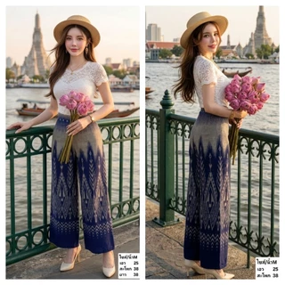 กางเกงผ้าฝ้ายพิมพ์ลายไทย เอวยืด ไม่มีซิบ ผ้าฝ้ายเชียงใหม่ M L Xl