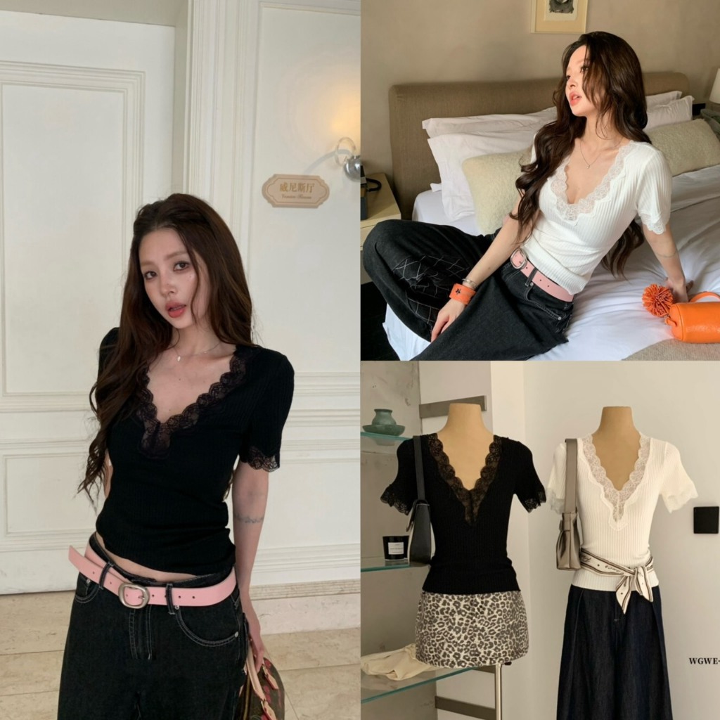 (พร้อมส่ง) Slim Lace เสื้อคอวีแขนสั้นแต่งผ้าฉลุลูกไม้ช่วงอก - 9389 TAG WG.WE
