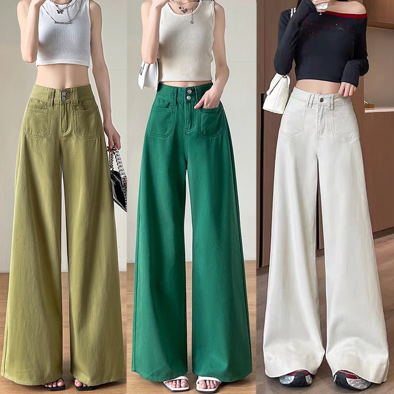 S~5XL Green White กางเกงยีนส์ขากว้างโดปามีน กางเกงยีนส์ลำลองขาบานแนววินเทจแบบอเมริกัน กางเกงขายาวทรงหลวมเอวสูง HOT