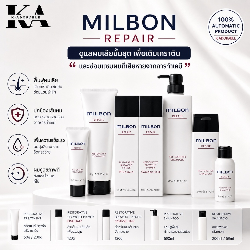 Milbon Restorative Repair Shampoo / Treatment / Blowout  ฟื้นฟูผมเสียอย่างล้ำลึก แชมพู ทรีทเมนท์