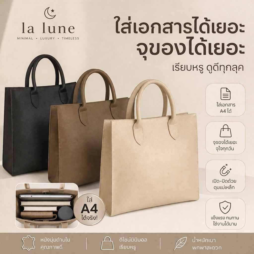 La Lune Gabriel กระเป๋าถือทำงานผู้หญิง หนัง PU ใส่เอกสาร A4 ได้ ทรงเรียบหรู น้ำหนักเบา มีหูจับ Made in Thailand