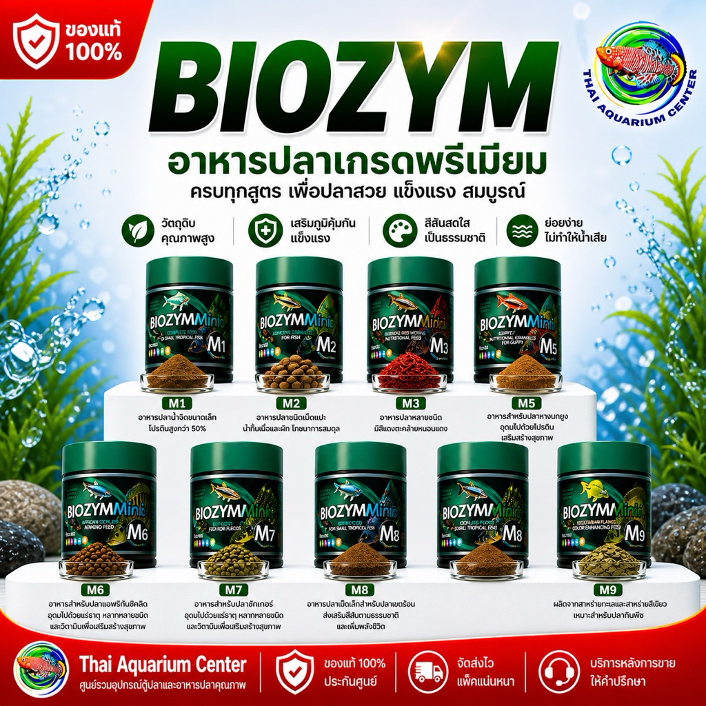 BIOZYMMini อาหารปลาคุณภาพสูง (ครบสูตร M1–M9)  อาหารปลาพรีเมียม สูตรเฉพาะสำหรับปลาสวยงาม เสริมโปรตีน + วิตามินครบ