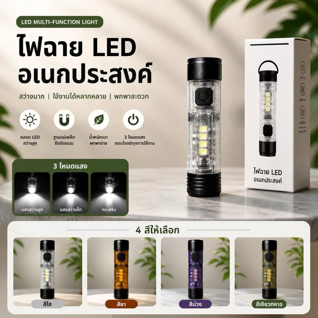 ไฟฉายพกพา ไฟฉายพวงกุญแจ ไฟฉายจิ๋ว ไฟฉาย led มาพร้อมกับตะขอแม่เหล็กและคลิปหมวก ความสว่างสูง และความสามารถในการชาร์จแบบ