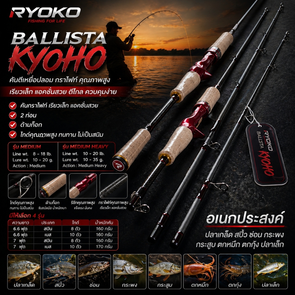 [ ของแท้ ]  คันตีเหยื่อปลอม กราไฟท์ RYOKO BALLISTA KYOHO เคียวโฮ
