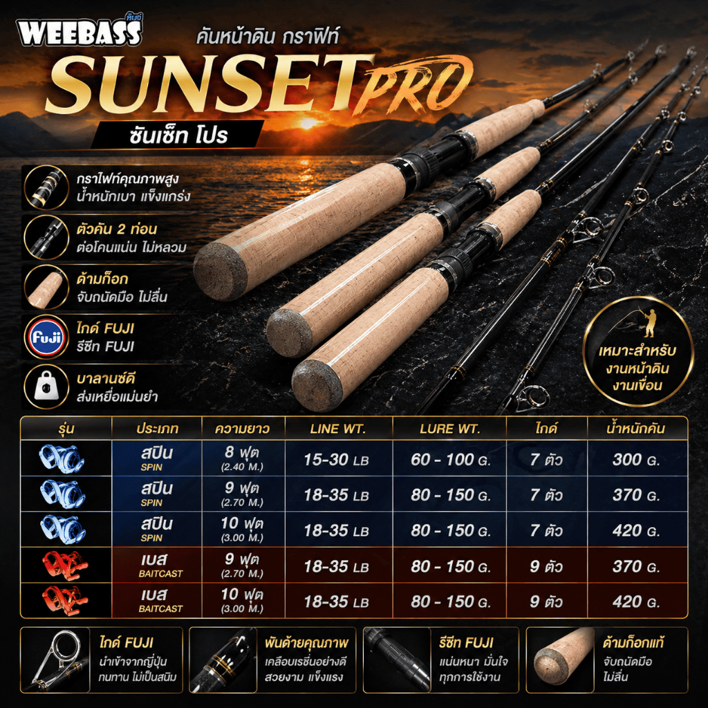 [ ของแท้ ]  คันหน้าดิน กราไฟท์ Weebass SUNSET PRO ซันเซ็ท โปร เหมาะสำหรับ งานหน้าดิน งานเขื่อน
