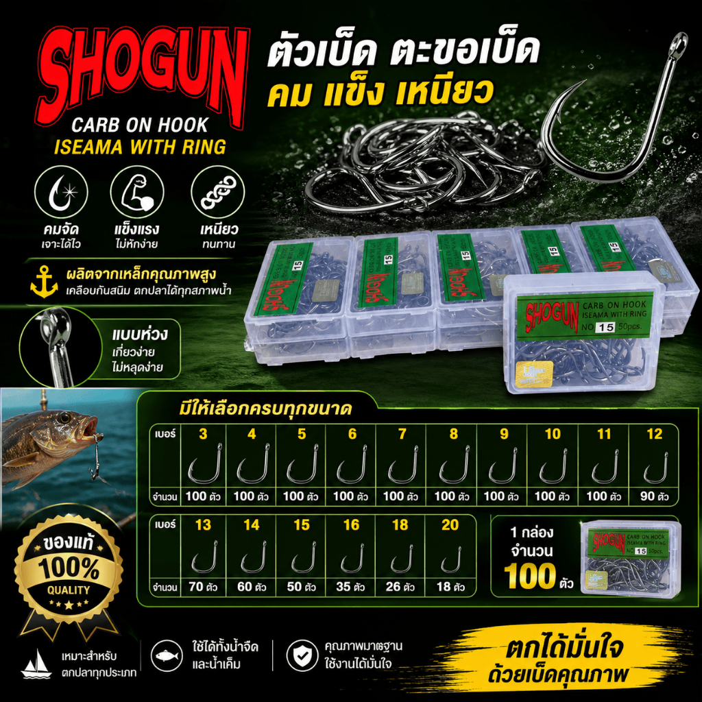 [ ของแท้ ]  ตัวเบ็ด ตะขอเบ็ด SHOGUN คม แข็ง เหนียว hook