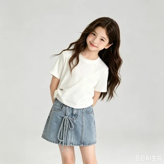 MC269 ชุดเด็กผู้หญิงสไตล์เกาหลี เสื้อยืดขาว กระโปรงยีนส์แต่งเชือก