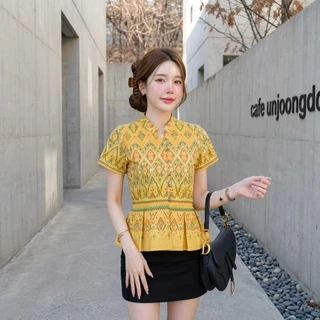 LANNA - เสื้อคอจีนระบายเอว เสื้อผู้หญิง เสื้อใส่ทำงาน ทรงสวยเข้ารูป ผ้าฝ้ายพิมพ์ลายสวยมากค่ะ