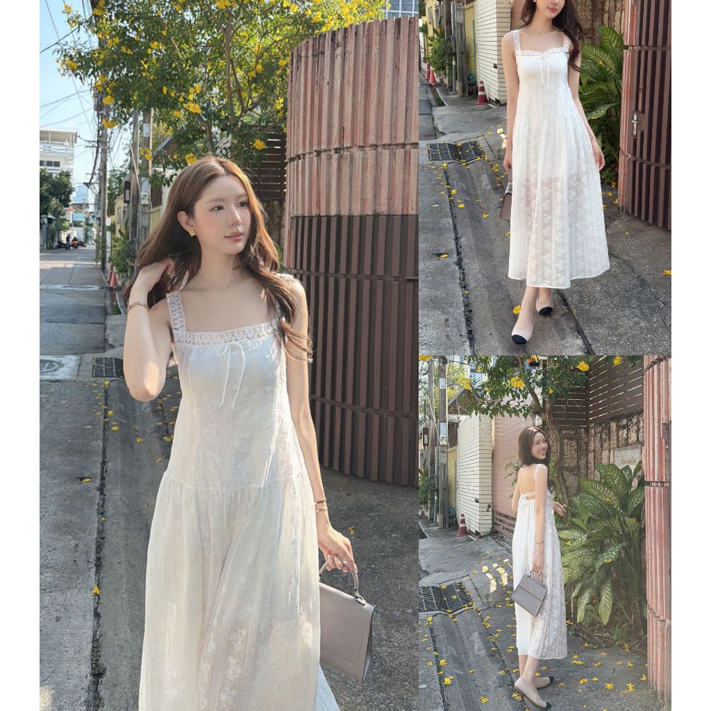 ส่งทันที 💨 SLYQ MILA LACE TIE BACK MAXI DRESS เดรสยาวสายลูกไม้ผูกหลัง สีขาวออฟไวท์