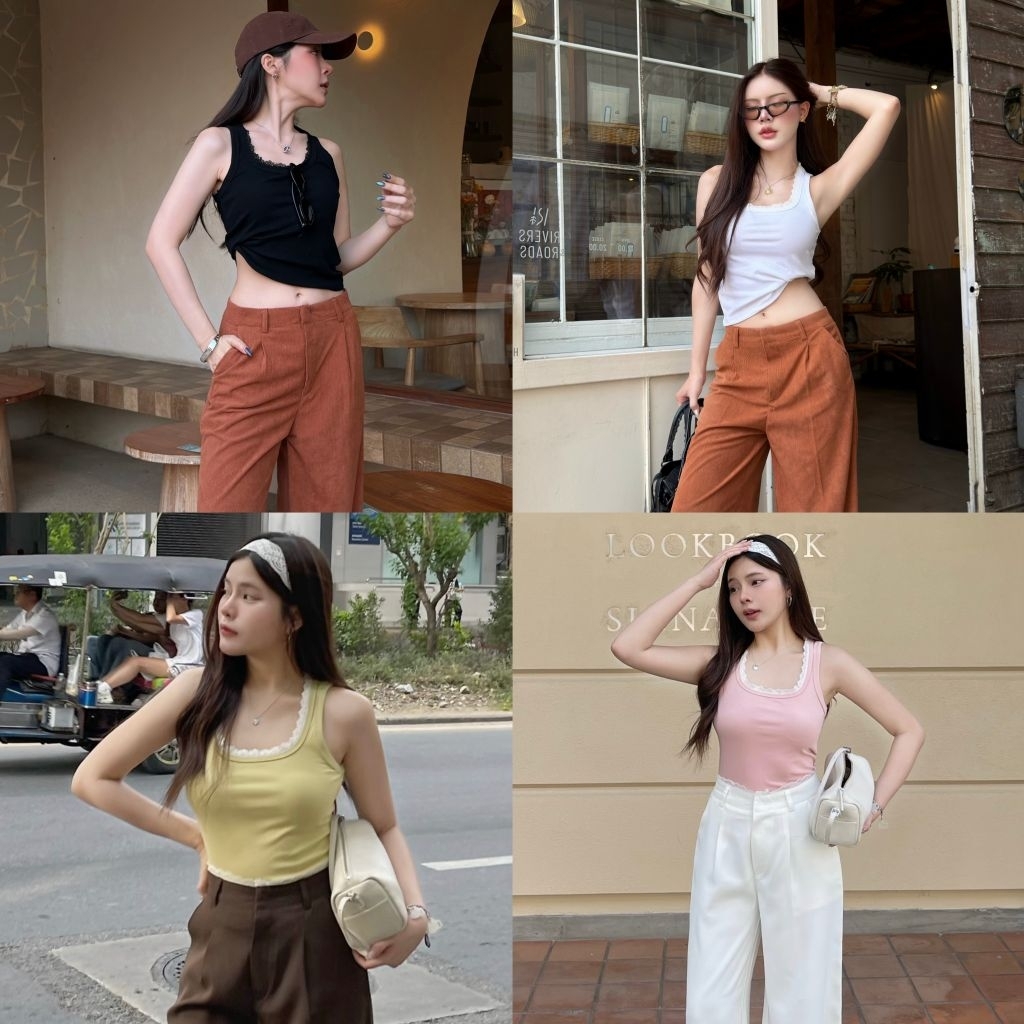 เสื้อกล้ามคอยูแต่งขอบลูกไม้ผ้ายูนิโคล่