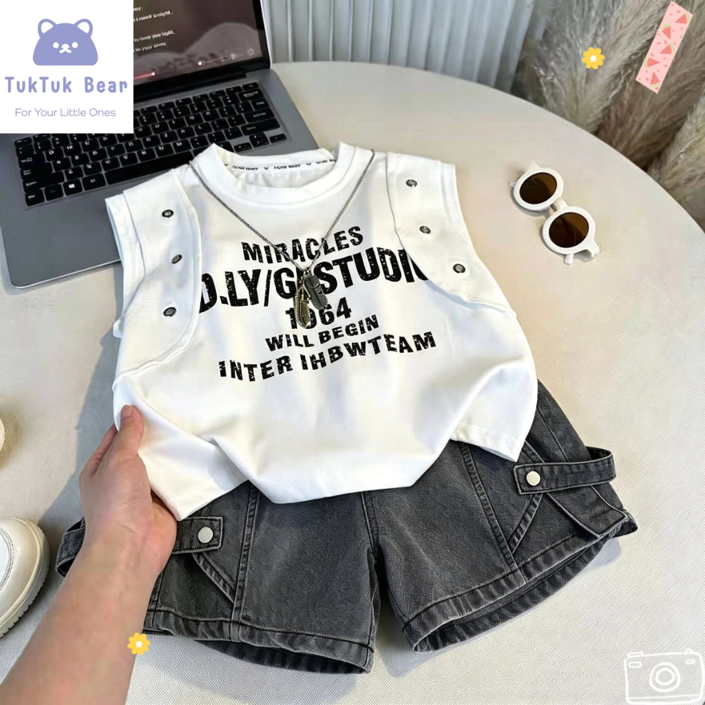 เสื้อแขนกุดเด็ก+กางเกงยีนส์เด็ก ดีไซน์แฟชั่น งานสกรีนหล่อๆ ขายแยกชิ้น ตรงปก