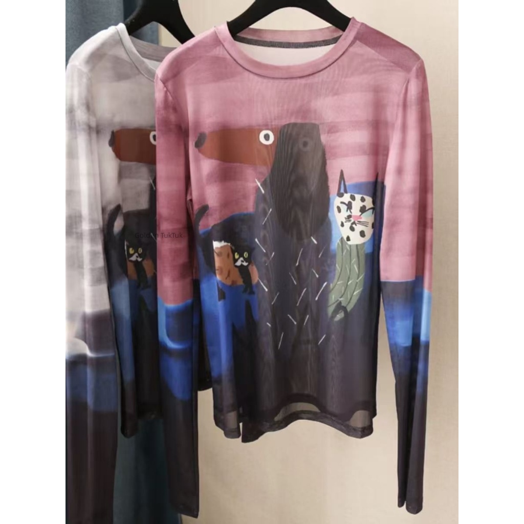 เสื้อยืดแขนยาวผ้าตาข่ายสองชั้นสไตล์เรโทร แขนบาน ทรงเข้ารูป ลายจุด สำหรับผู้หญิง JD