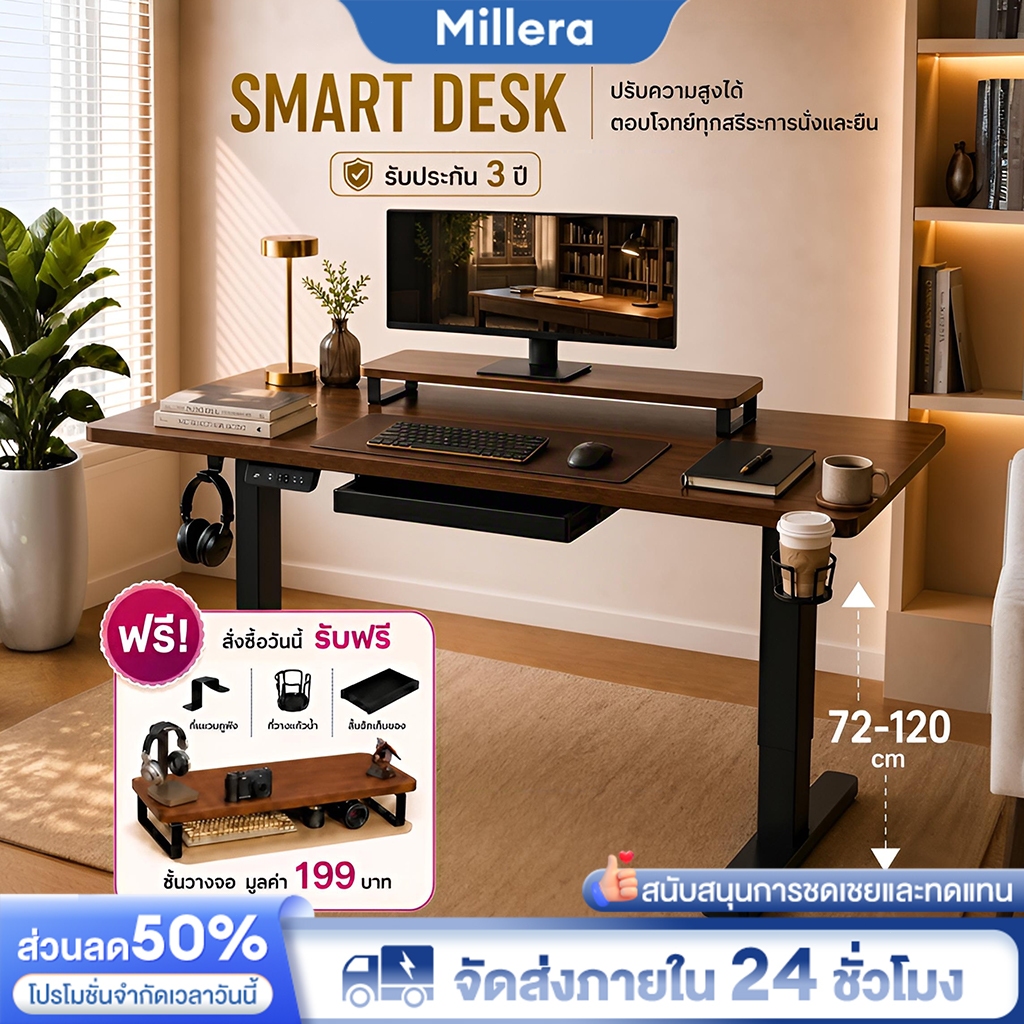 Millera โต๊ะปรับระดับไฟฟ้า โต๊ะทำงาน รุ่นอัปเกรด ตามหลักสรีรศาสตร์ มอเตอร์เงียบ ลดปวดหลัง แถมฟรีลิ้นชักและชั้นวางจอ