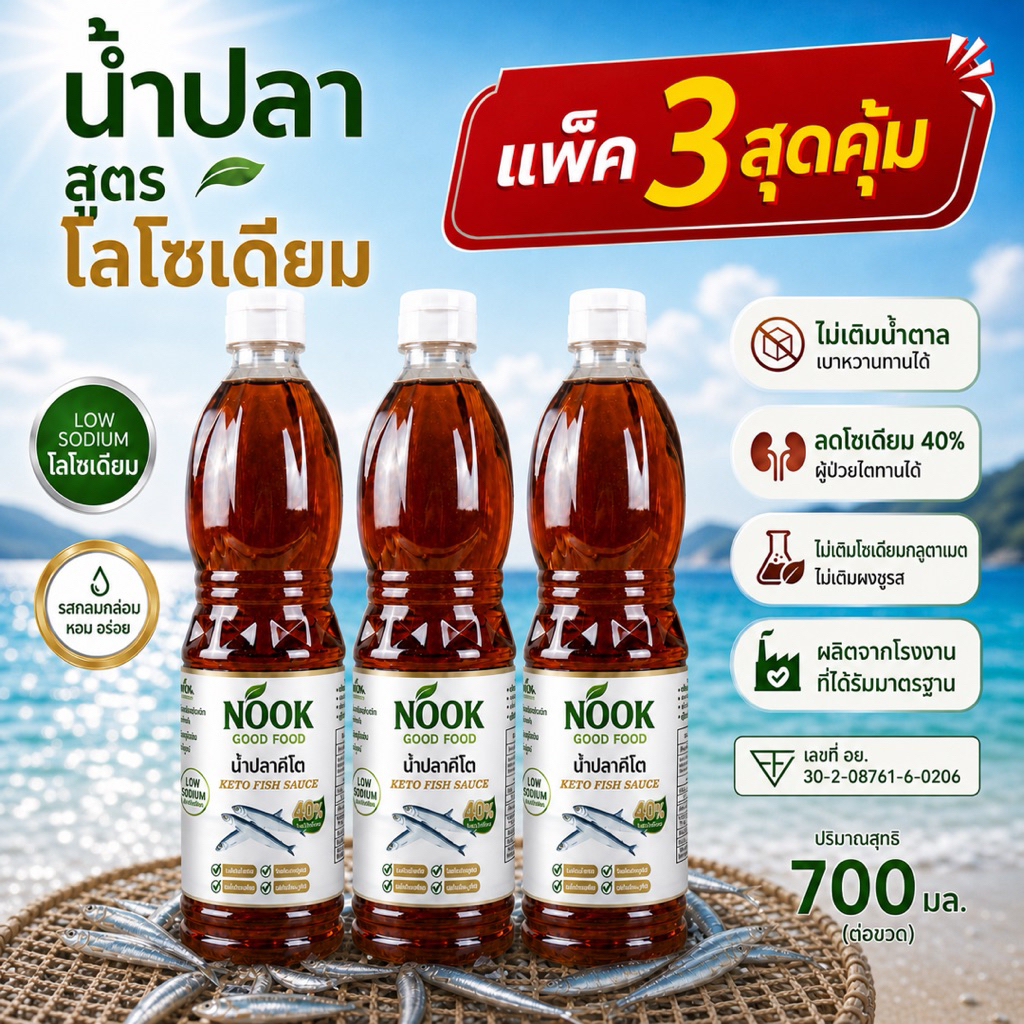 แพ็ค 3 สุดค้ม น้ำปลา โซเดียมต่ำ สูตรคีโต ไม่ใส่น้ำตาล ไม่ใส่ผงชูรส keto Low Sodium ขนาด 700ml