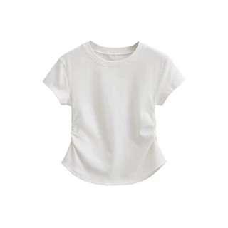 M-4XL เสื้อwhiteของแท้ เสื้อแขนสั้นผู้หญิง เสื้อลำลองคอกว้าง เสื้อแหวกเอวสุดเซ็กซี่ เสื้อผู้หญิงสีพื้น แมทช์ง่าย ผ้านุ่ม