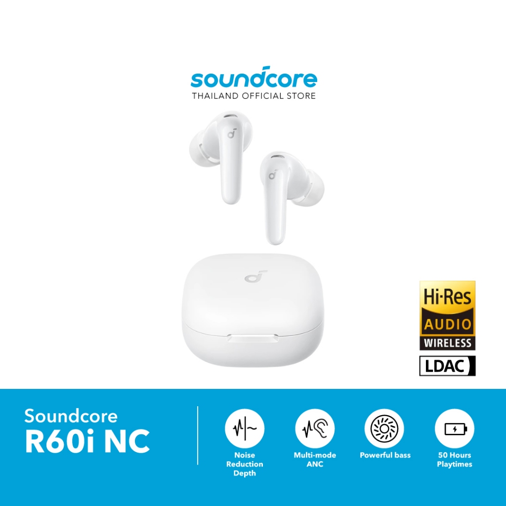 Soundcore R60i NC หูฟังบลูทูธ ไร้สาย ตัดเสียงรบกวน ANC กันน้ำระดับ IP55 50 ชม AI แปลภาษาได้ Hi-res LDAC ของแท้ศูนย์ไทย
