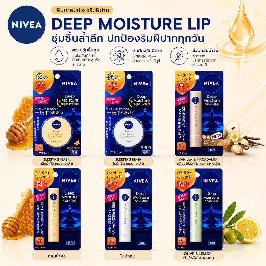 (ของแท้100%) NIVEA Deep Moisture Lip balm นีเวีย ลิปบำรุงฝีปาก