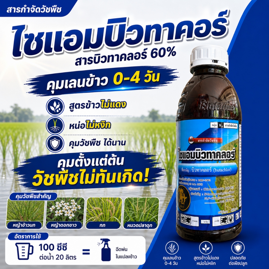 ไซแอม-บิวทาคลอร์ 60% คุมเลนหลังหว่าน 0-4 วัน คุมเปียก-คุมแห้ง ใช้กำจัดวัชพืชใบแคบ และใบกว้าง