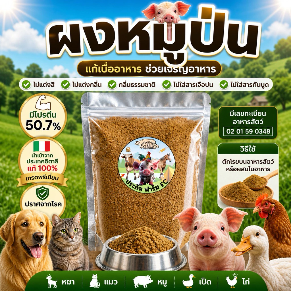 ผงหมูป่นโรยอาหารสัตว์ หมา แมว หมู เป็ด ไก่