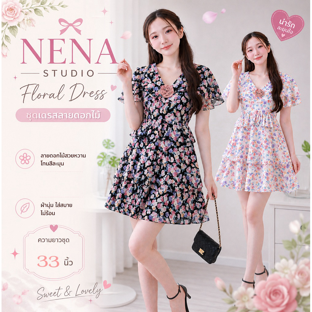 พร้อมส่งแบรนด์ไทยผลิตเอง🇹🇭 รหัสชุดFF2 Flora Flutter Dress เดรสชีฟองลายดอกแขนระบายฟลัตเตอร์แต่งดอกไม้หวานละมุนน่ารัก