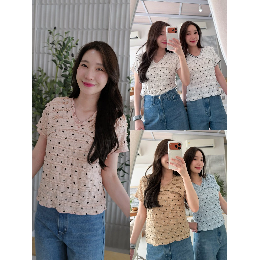 เสื้อ คอวี แต่งระบายดอกไม้ 2 ชั้น ‘ดำ’🌸