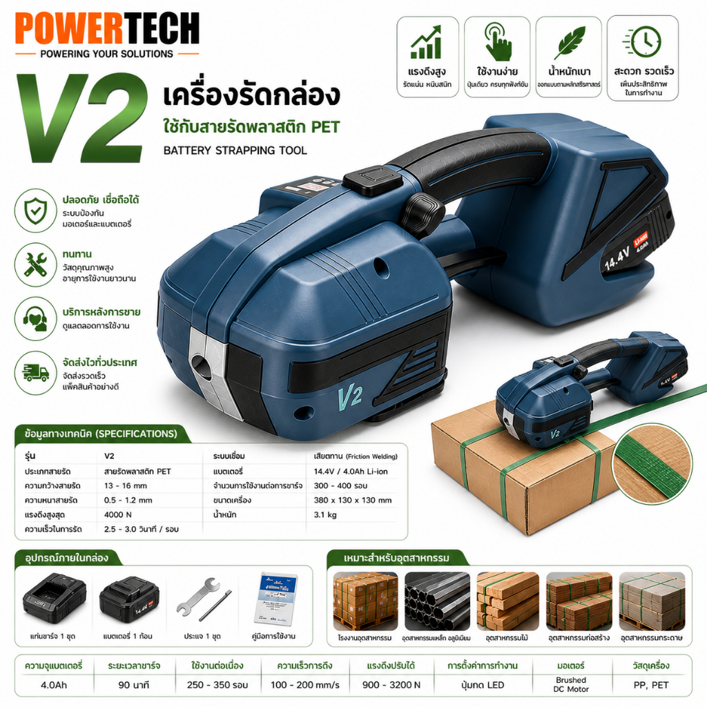 V2 เครื่องรัดกล่อง เครื่องรัด รัดกล่อง ไฟฟ้ารุ่น V2 V123 เครื่องแพ็คกล่องใช้งานคู่กับสายรัดพลาสติก PET เครื่องรัด รัดของ