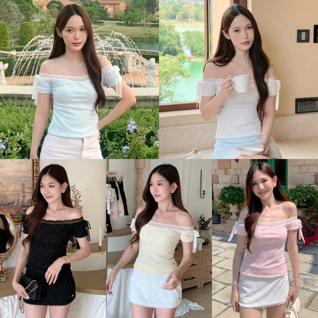 NICHARIS - เสื้อปาดไหล่ลูกไม้กลิตเตอร์ รุ่น Ivy Top