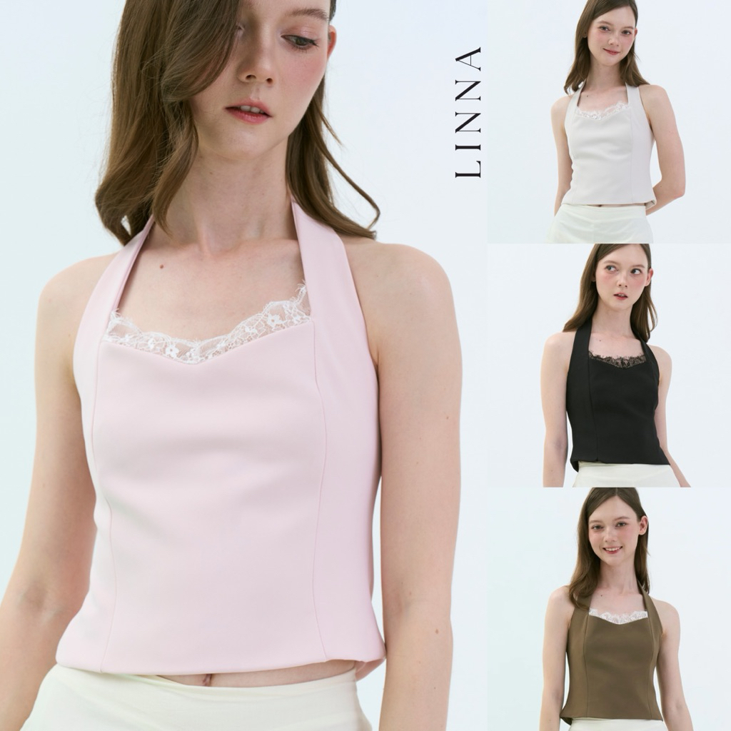 LINNA TOP เสื้อคล้องคอแต่งลูกไม้ ดีไซน์เปิดหลัง มีกระดุมคล้องคอ