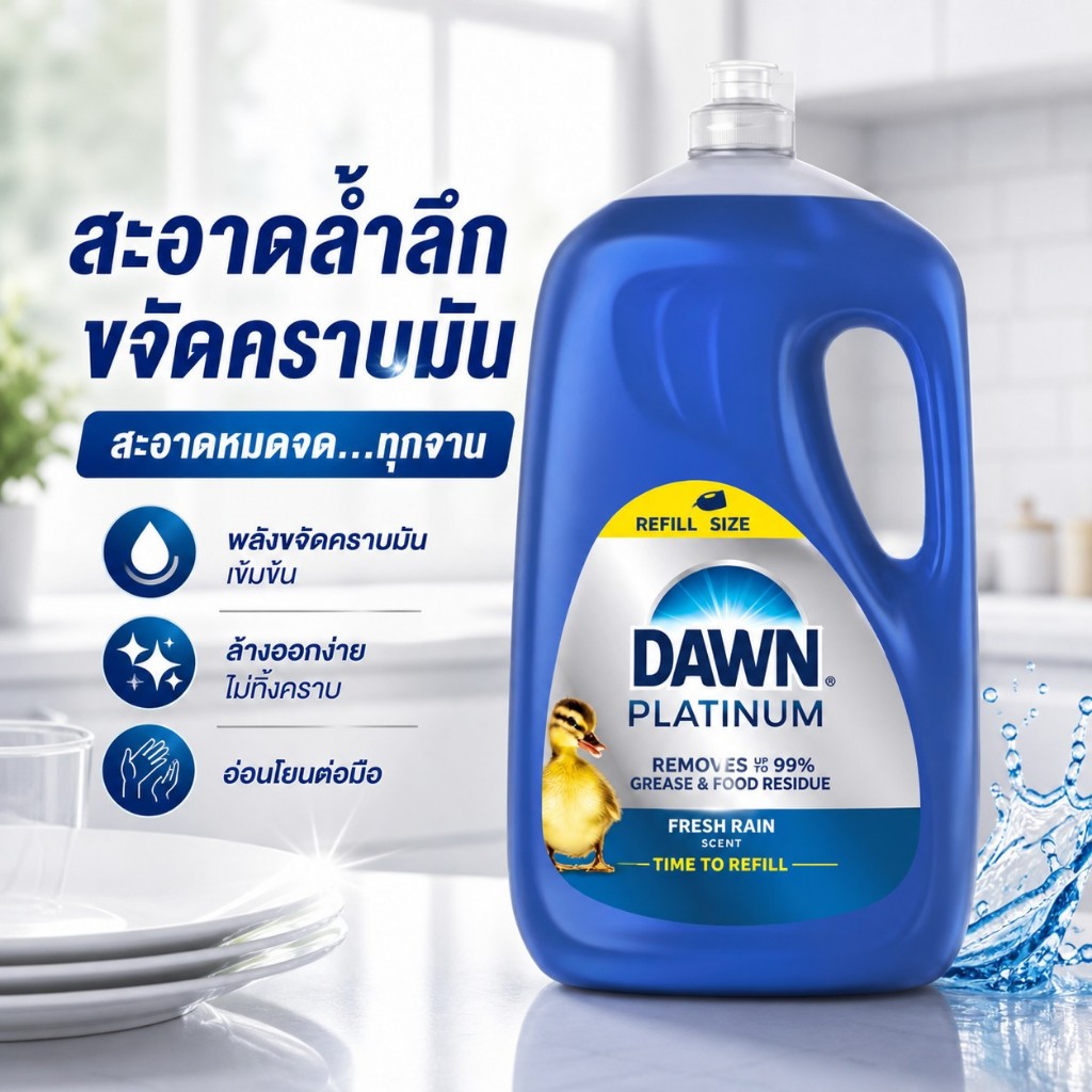 Dawn Platinum Dishwashing Liquid Dish Soap น้ำยาล้างจานสูตรเข้มข้น  ขจัดคราบมัน 4 เท่า