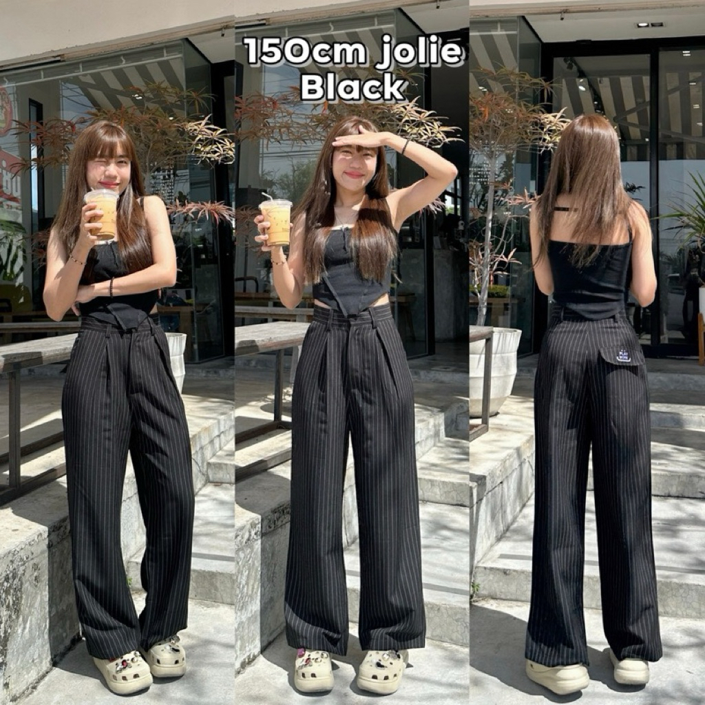 ส่งต่อ 150cm jolie Size s กางเกงขายาวลายทาง กระบอกใหญ่ จีบหน้า สำหรับคนสูง150cm+ [playwork.store] (0
