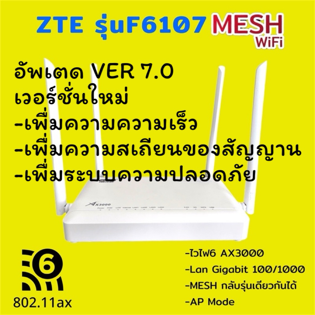 Mesh ZTE รุ่น F6107A  Mesh WIFI6 AX3000  มือ2 ระบบแท้ AIS พร้อมใช้งาน V4.1/4.2/6.0/7.0 .ทุกเวอร์ชั่น